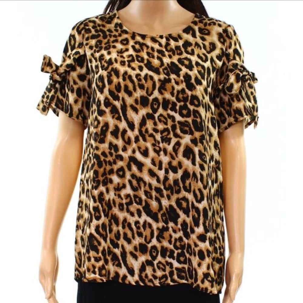 Pleione Leopard-Print Short Sleeve Tie-Sleeve Top - Brown Black Cream